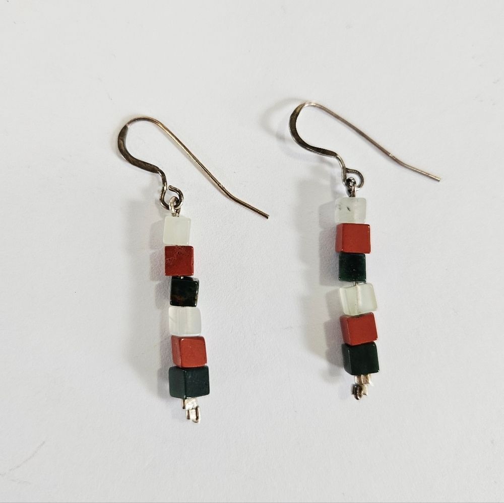 Vintage Sterling Silver Stacked Cubes Rose Quartz Rhodonite Drop Dangle Earrings